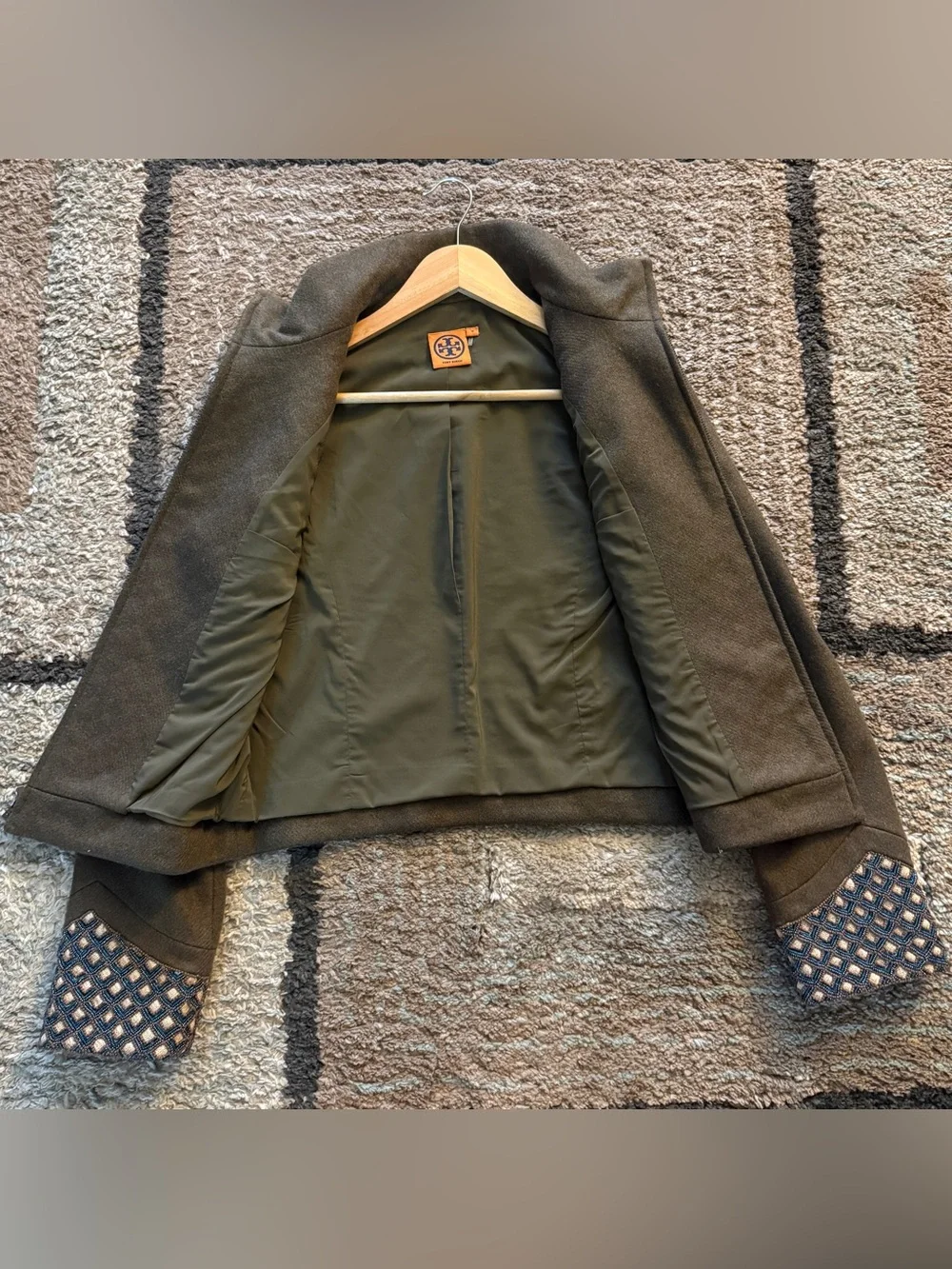 Tory Burch Olive Green Beaded Front Zip Military-Style Jacket
